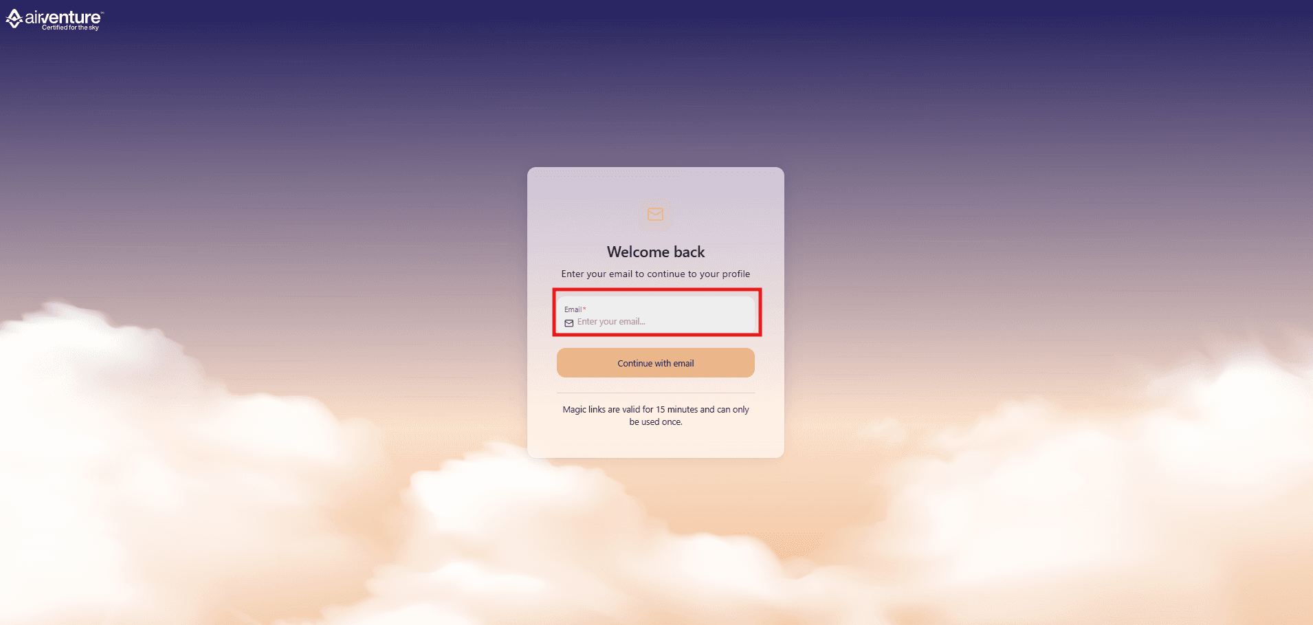 The Welcome back screen — enter your email in the highlighted field and click Continue with email